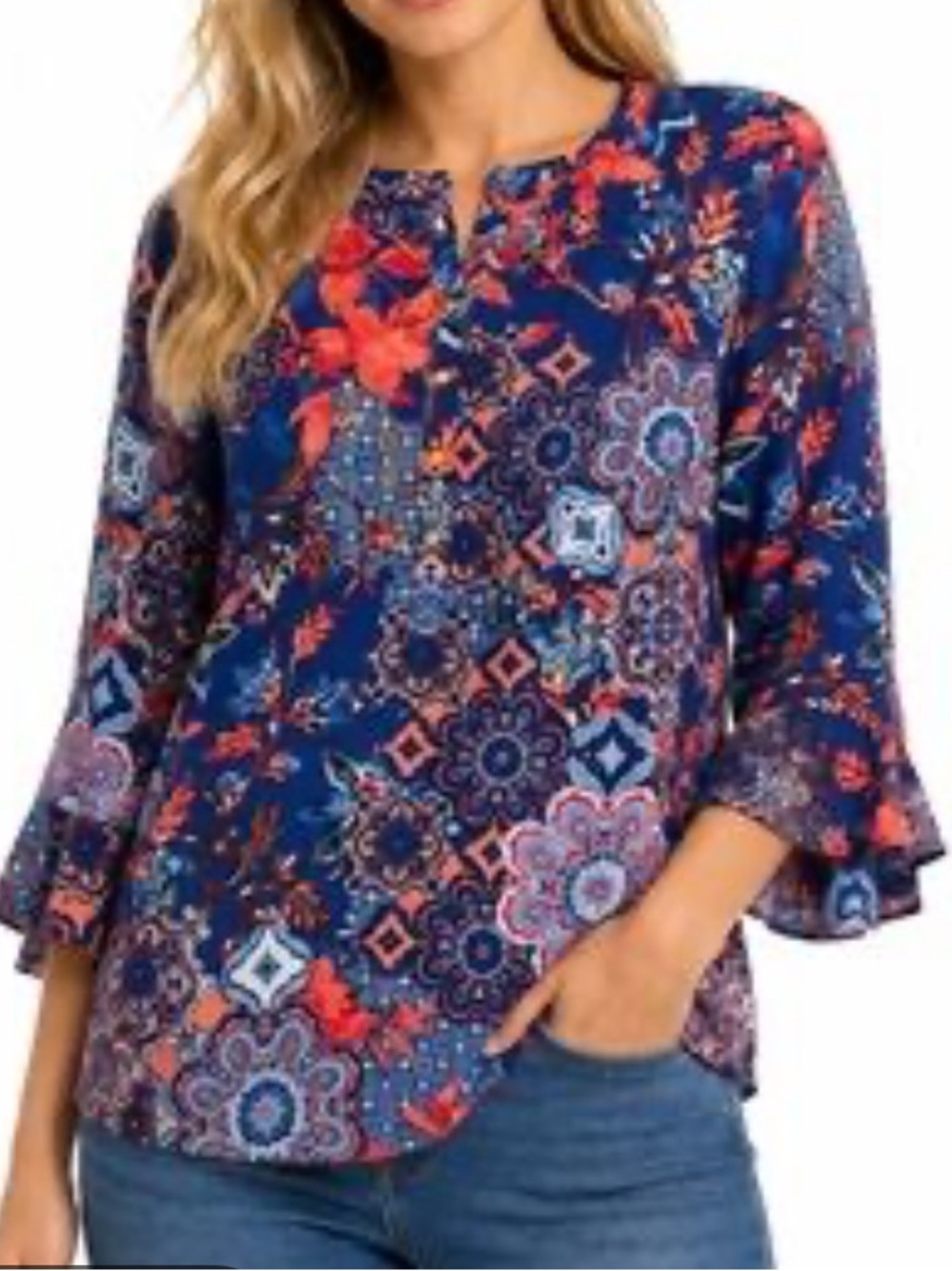 Rafaella Navy Floral & Coral Medallion Button Neck Tunic. Size Small.